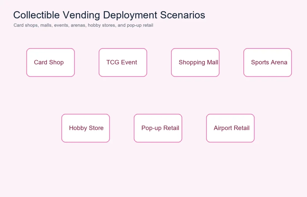 Collectible vending machine deployment scenarios for card shops malls and events