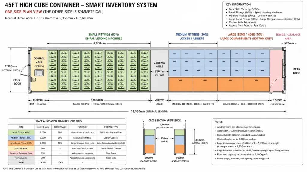 45ft high cube container layout for smart industrial inventory system