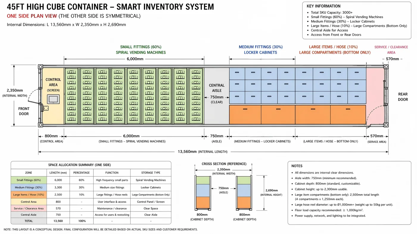 45ft high cube container layout for smart industrial inventory system