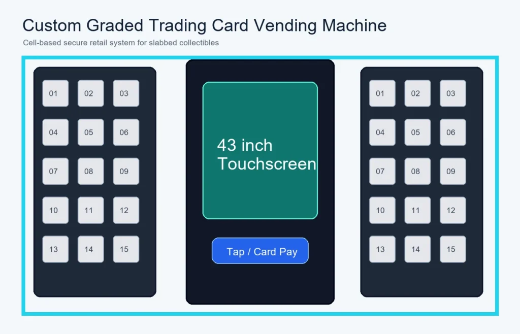 Custom graded trading card vending machine with touchscreen and secure locker compartments