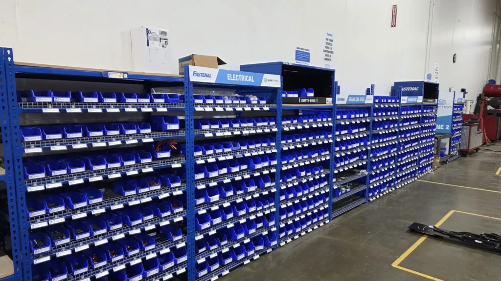 Industrial parts bin wall showing high SKU density for MRO inventory