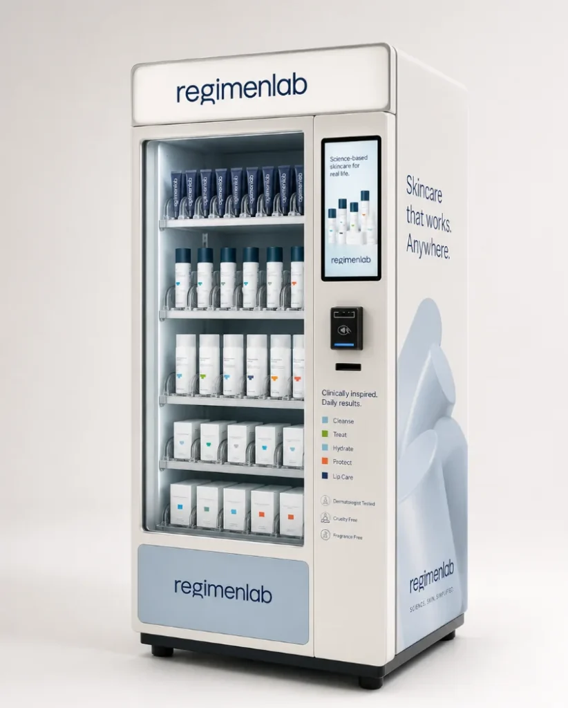 Regimen Lab branded skincare vending machine concept for pop-up activation and lip balm sample redemption