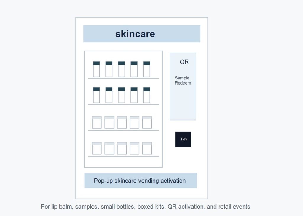 Compact skincare vending machine concept for pop-up brand activation, lip balm samples, QR redemption, and retail sales
