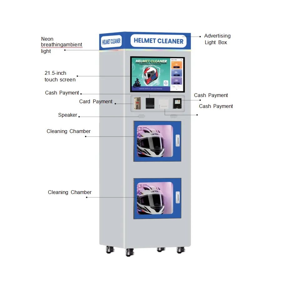 commercial helmet cleaning machine with touchscreen payment modules and dual cleaning chambers