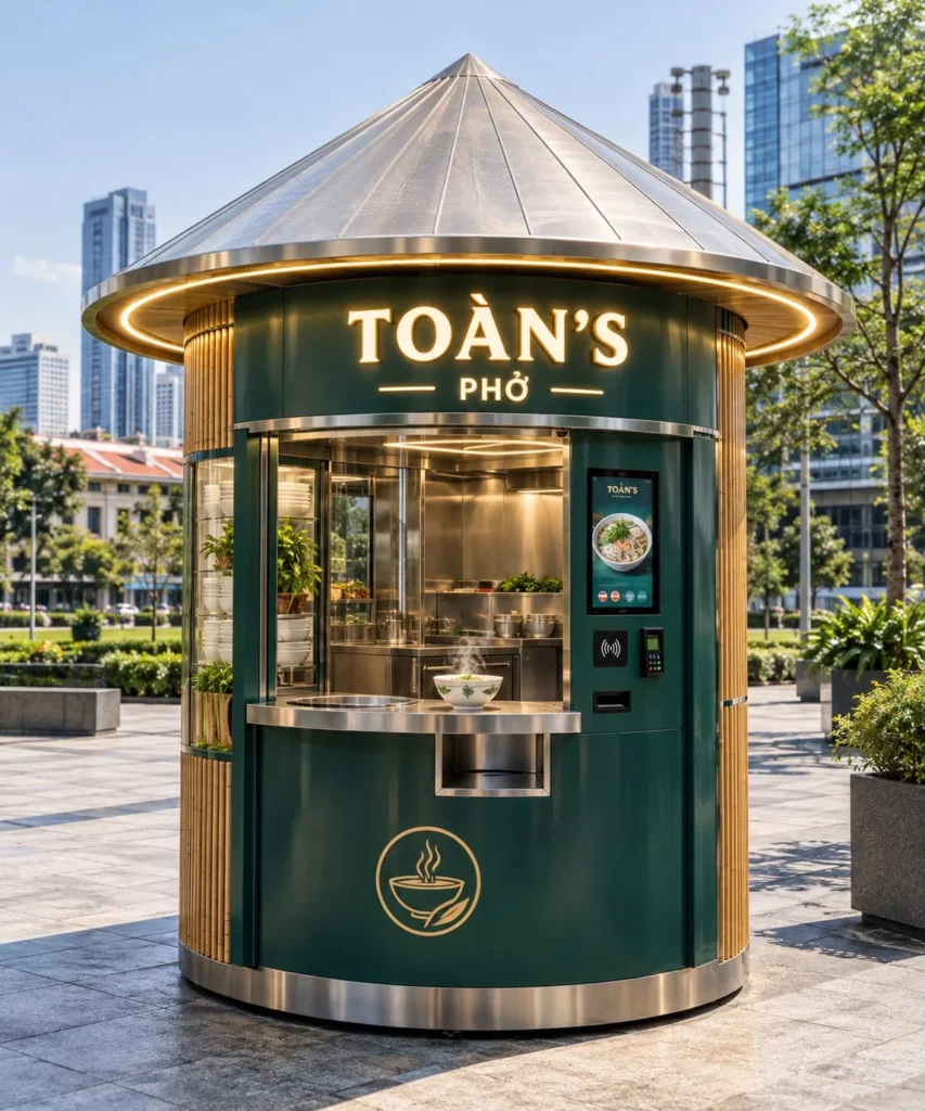 Client-supplied concept rendering of a circular self-service pho soup kiosk with refrigerated storage and a hot broth serving area.