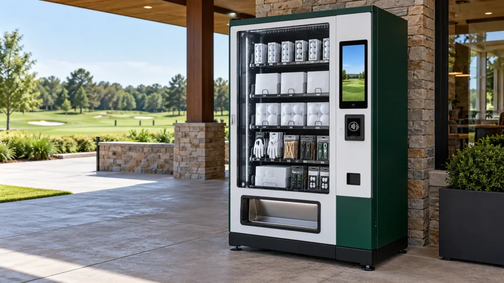 Concept of a semi-outdoor golf ball vending machine selling packaged ball sleeves, dozen-ball cartons, gloves, tees, and accessories at a golf clubhouse.
