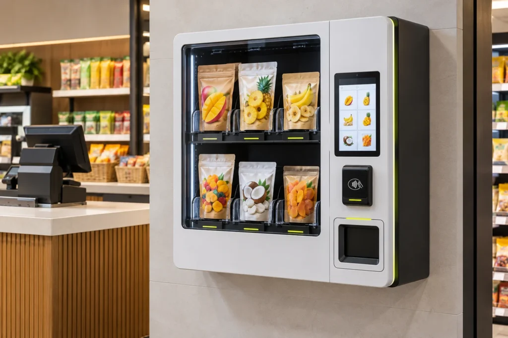 Concept rendering of a compact wall-mounted vending machine for 25 g, 50 g, and 100 g dried fruit snack pouches.