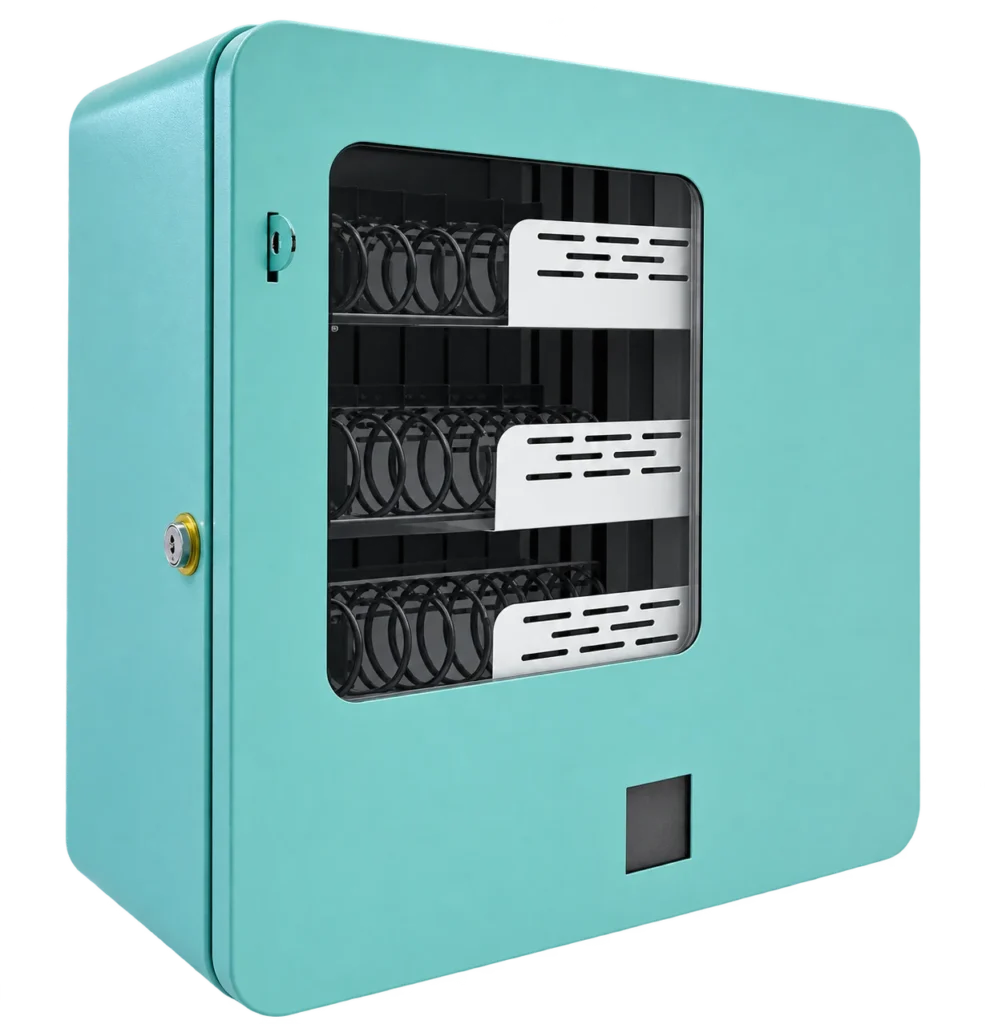 Mint green wall-mounted mini vending machine with three spiral vending shelves, shown in a front three-quarter product render.